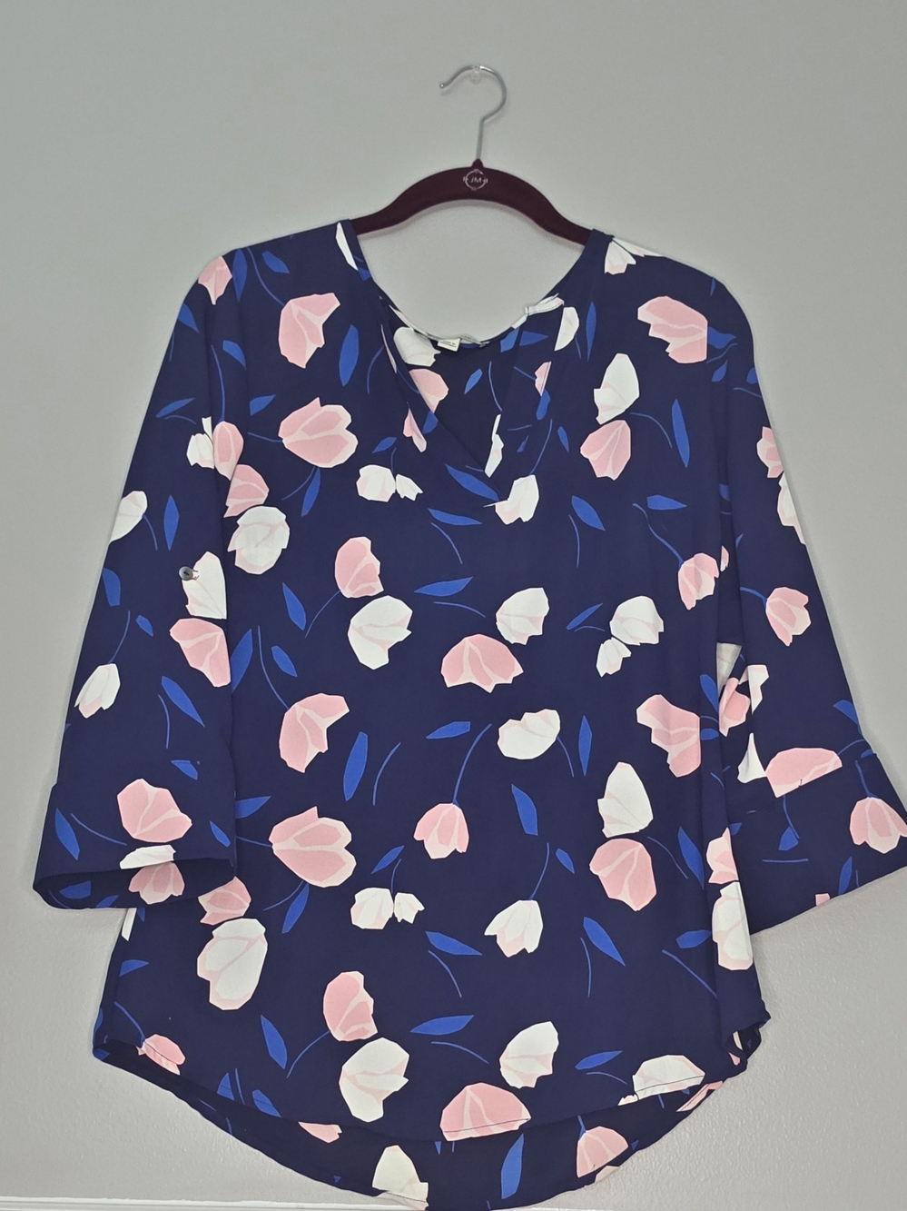 41 Hawthorn Navy Floral V-Neck Blouse with Pink & White Blooms
